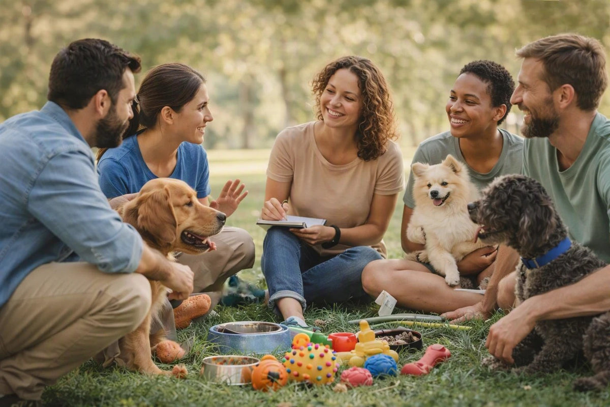 A group of pet parents sitting together outdoors with their dogs and pet toys