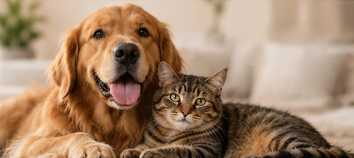 A golden retriever and a tabby cat relaxing together at home