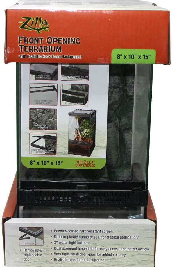 Zilla Front Opening Terrarium with Realistic Rock Foam Background 8"L x 10"W x 15"H - 1 count