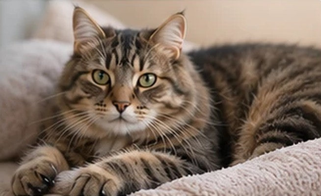A tabby cat resting on a soft blanket