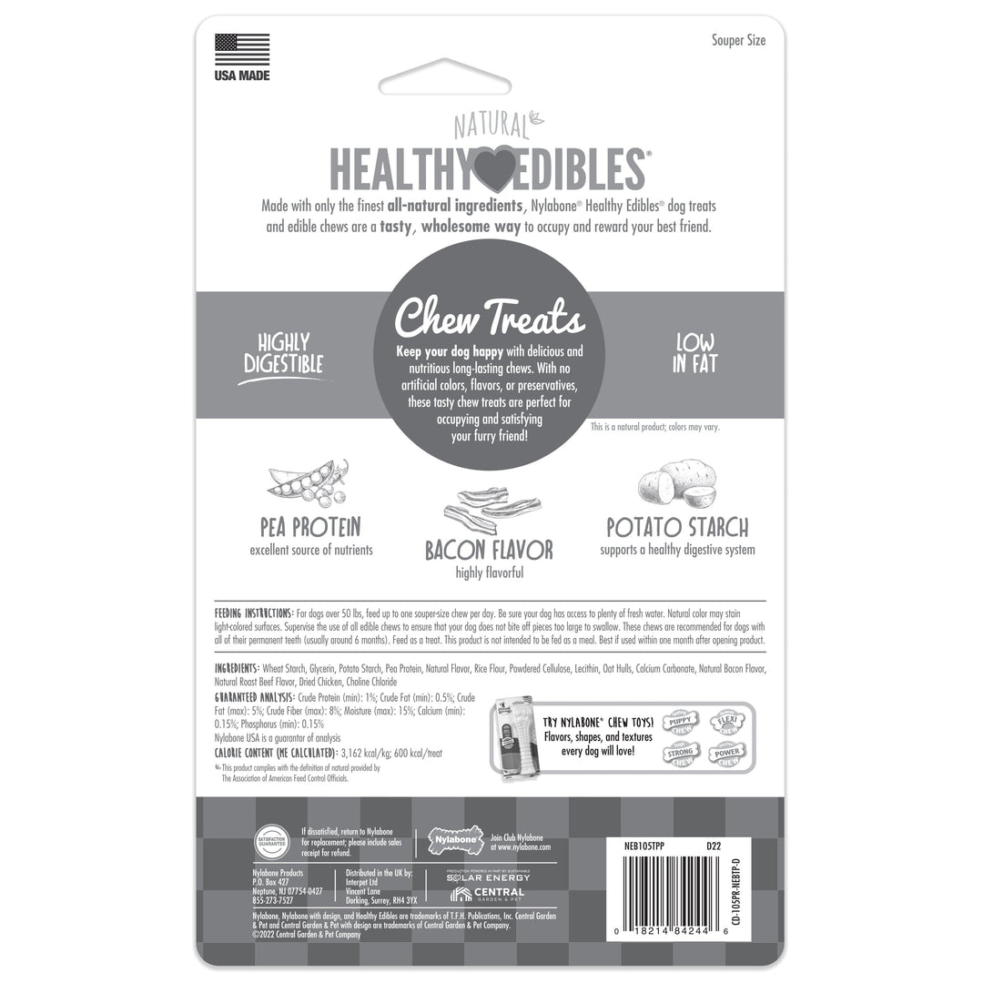 Nylabone Healthy Edibles All-Natural Long Lasting Bacon Chew Treats Bacon 1ea/XL/Souper - 50+ lb