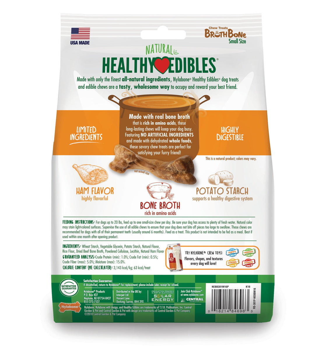 Nylabone Healthy Edibles Broth Bone AllNatural Long Lasting Chew Treats 16 count, 1ea/Regular  Up To 25 Ibs.