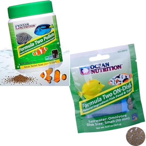 Ocean Nutrition Formula Two Pellets + Fish Food Formula Two On-Disk Fish Food for Herbivorous &amp; Omnivorous Marine Tropical Fish, High Protein - (200 g Small Pellets+10.5g Small Size)