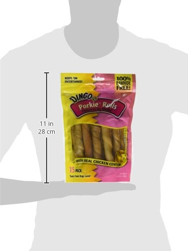 Dingo Porkie Rolls Pork Hide Dog Treats, with Real Pork &amp; Chicken, 15 Ct