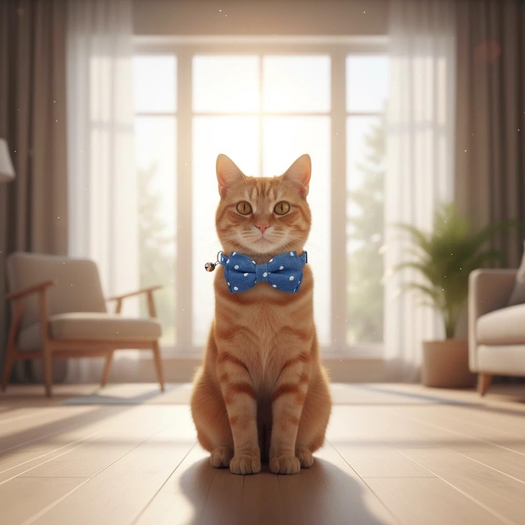 THAIN Cat Collar Breakaway with Bell and Bow Tie Safety Buckle Denim Dots Adjustable 7-11 inches for Kitten Cats(Denim Dots)