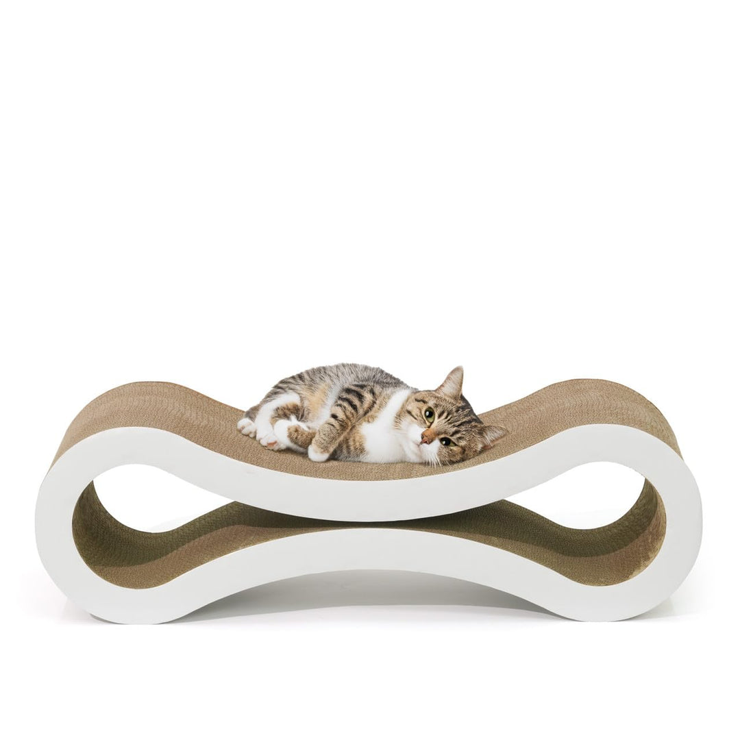 BOWHAUS Infinity Cat Scratcher Lounger, Reversible Scratcher, Durable &amp; Long-Lasting, Cat Cardboard Scratcher, Large Cat Scratching Pad, Scratching Board, Infinity Scratch Pad for Indoor Cats, White