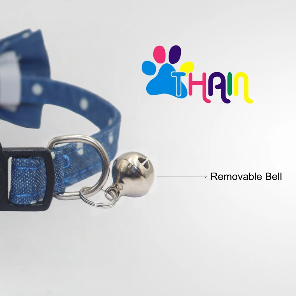 THAIN Cat Collar Breakaway with Bell and Bow Tie Safety Buckle Denim Dots Adjustable 7-11 inches for Kitten Cats(Denim Dots)