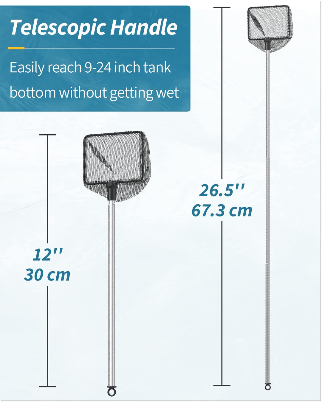 Pawfly 3 Inch Aquarium Fish Net with Telescopic Stainless Steel Handle Small Square Net with Soft Fine Mesh Sludge Food Residue Wastes Skimming Cleaning Net for Fish Tanks Small Koi Ponds and Pools