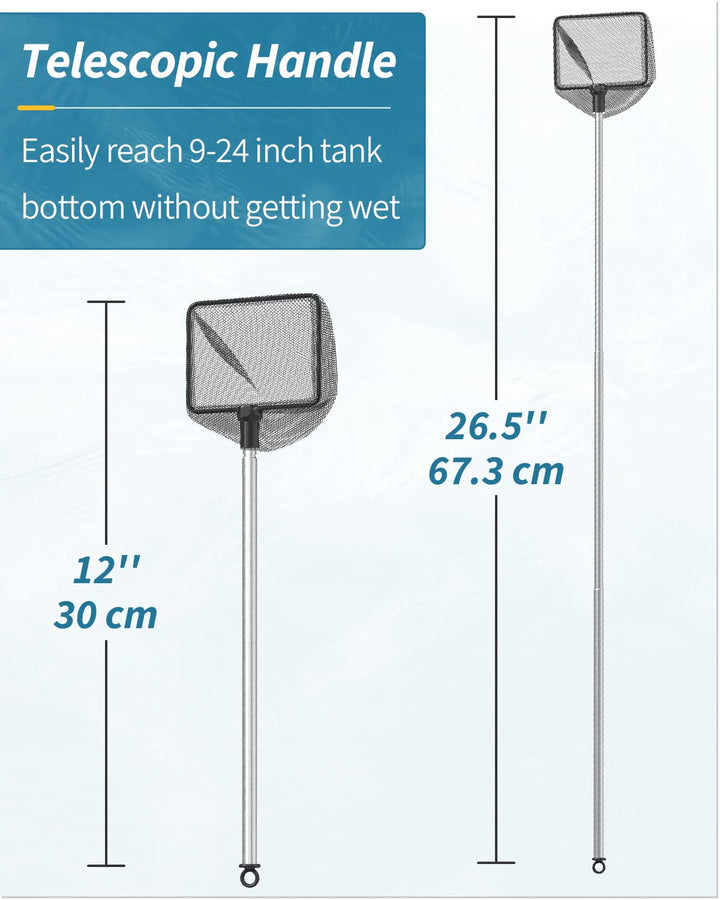 Pawfly 3 Inch Aquarium Fish Net with Telescopic Stainless Steel Handle Small Square Net with Soft Fine Mesh Sludge Food Residue Wastes Skimming Cleaning Net for Fish Tanks Small Koi Ponds and Pools