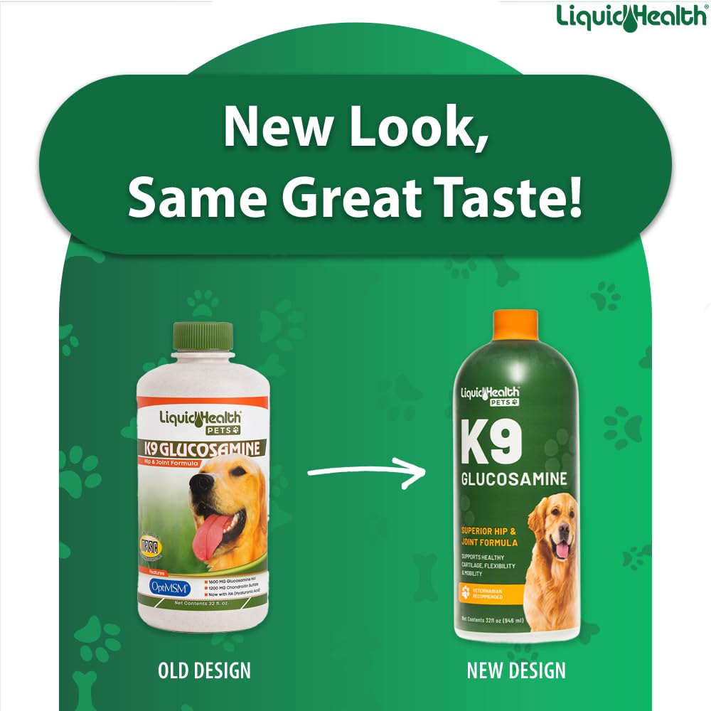 LIQUIDHEALTH Pets K9 Liquid Glucosamine for Dogs, Puppies, Senior Canines with Chondroitin, MSM, Hyaluronic Acid - Dog Vitamins for Hip &amp; Joint Health, Dog Joint Oil, Joint Juice - Made in USA (32 oz)