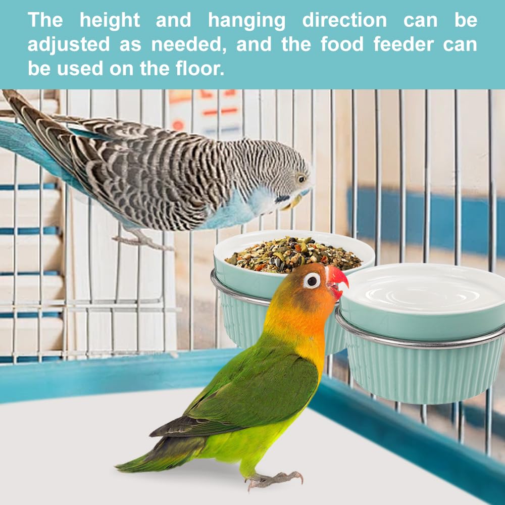 Bird Feeding Cups Parrot Food Cage Bowl Clamp Holder Coop Cup, Ceramic Bird Cage Water Bowl, Pet Feeder Cage for Parakeet African Greys Conure Cockatiels Lovebird Budgie (Blue)