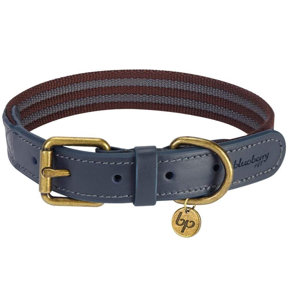 Blueberry Pet Soft Genuine Leather Dog Collar for Small Dogs - Adjustable Stylish Dog Collars, Leather Dog Collar in Noir Grey/Burgundy - Eco Brass Buckle, Size 12&