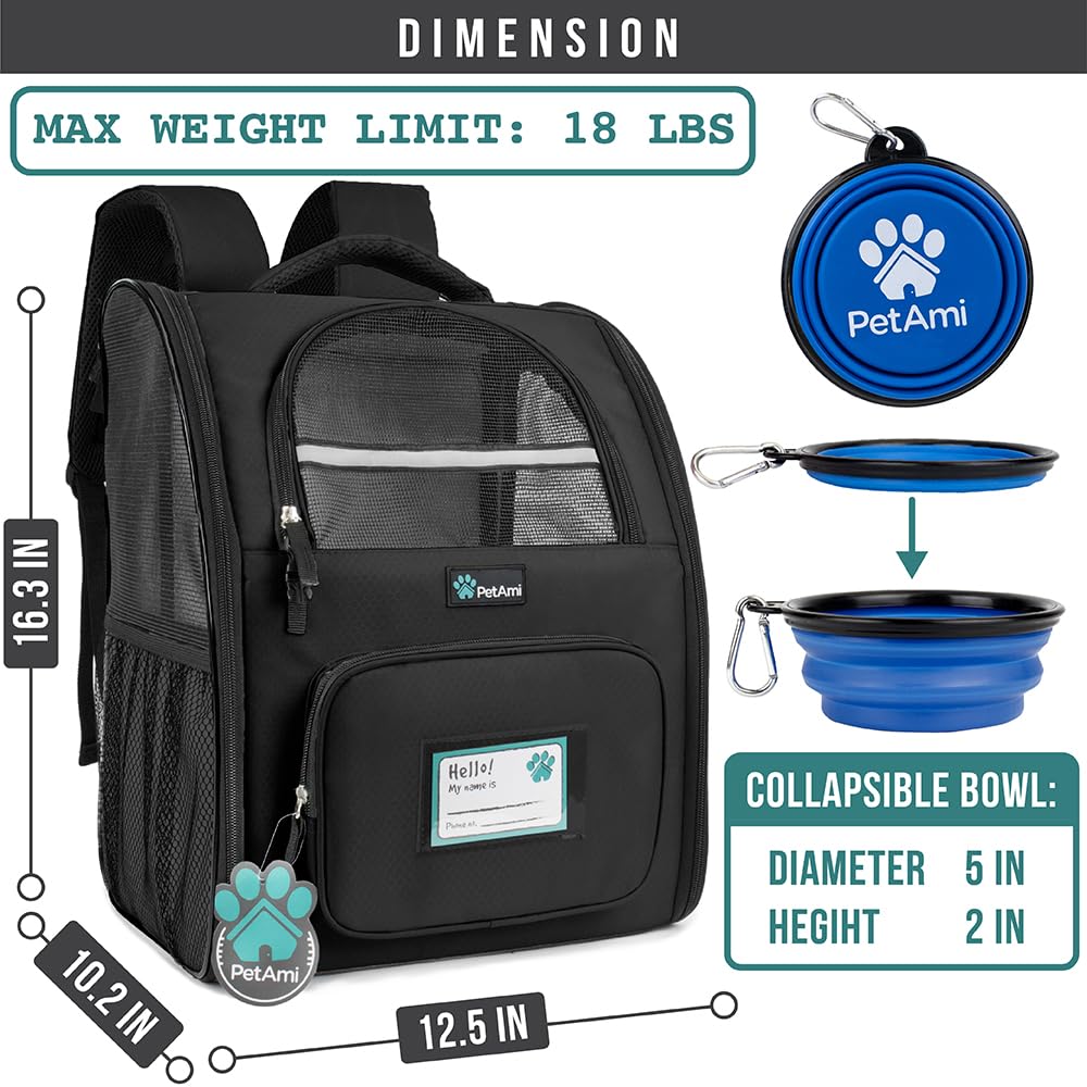 PetAmi Dog Backpack Carrier Airline Approved Cat Pet Puppy Bag, Black