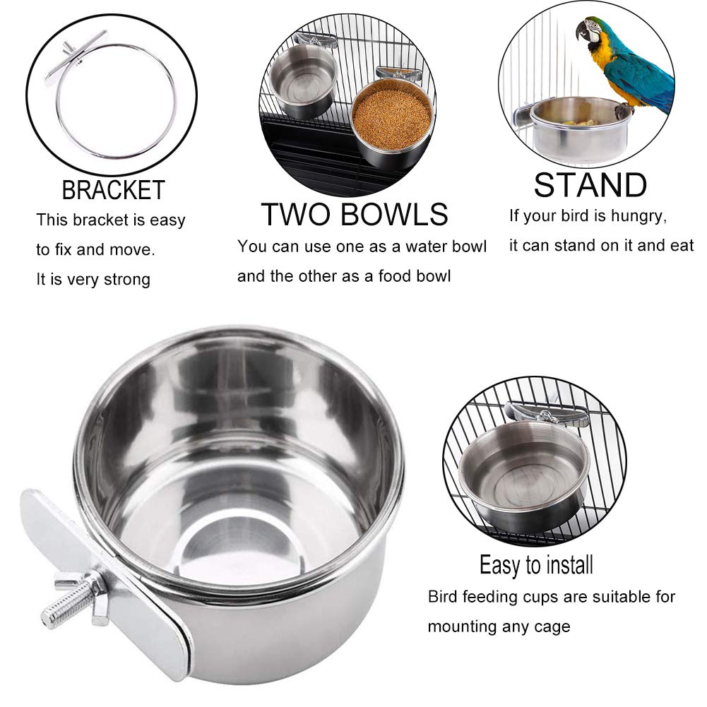 PINVNBY Parrot Feeding Cups Birds Food Dish Stainless Steel Parrot Feeders Water Cage Bowls with Clamp Holder for Cockatiel Conure Budgies Parakeet Parrot Macaw Small Animal Chinchilla Pack of 2