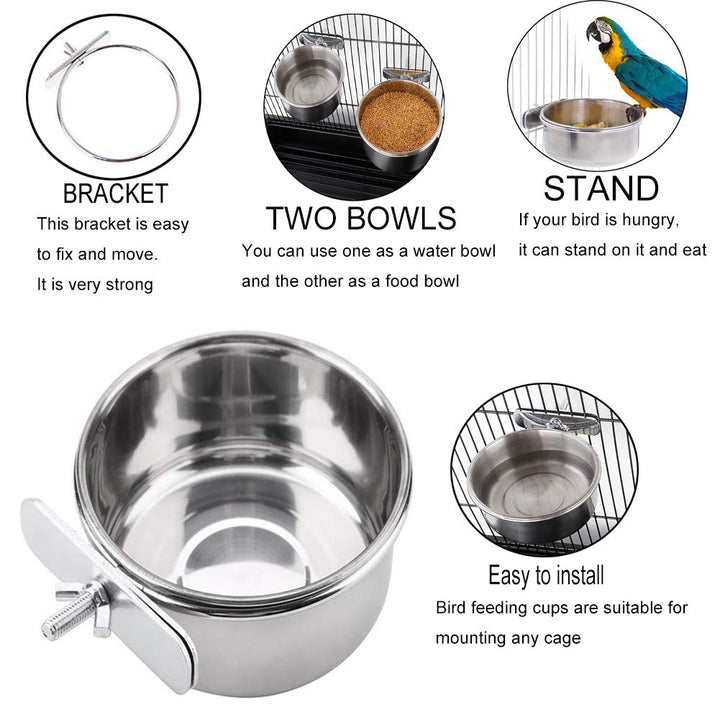 PINVNBY Parrot Feeding Cups Birds Food Dish Stainless Steel Parrot Feeders Water Cage Bowls with Clamp Holder for Cockatiel Conure Budgies Parakeet Parrot Macaw Small Animal Chinchilla Pack of 2