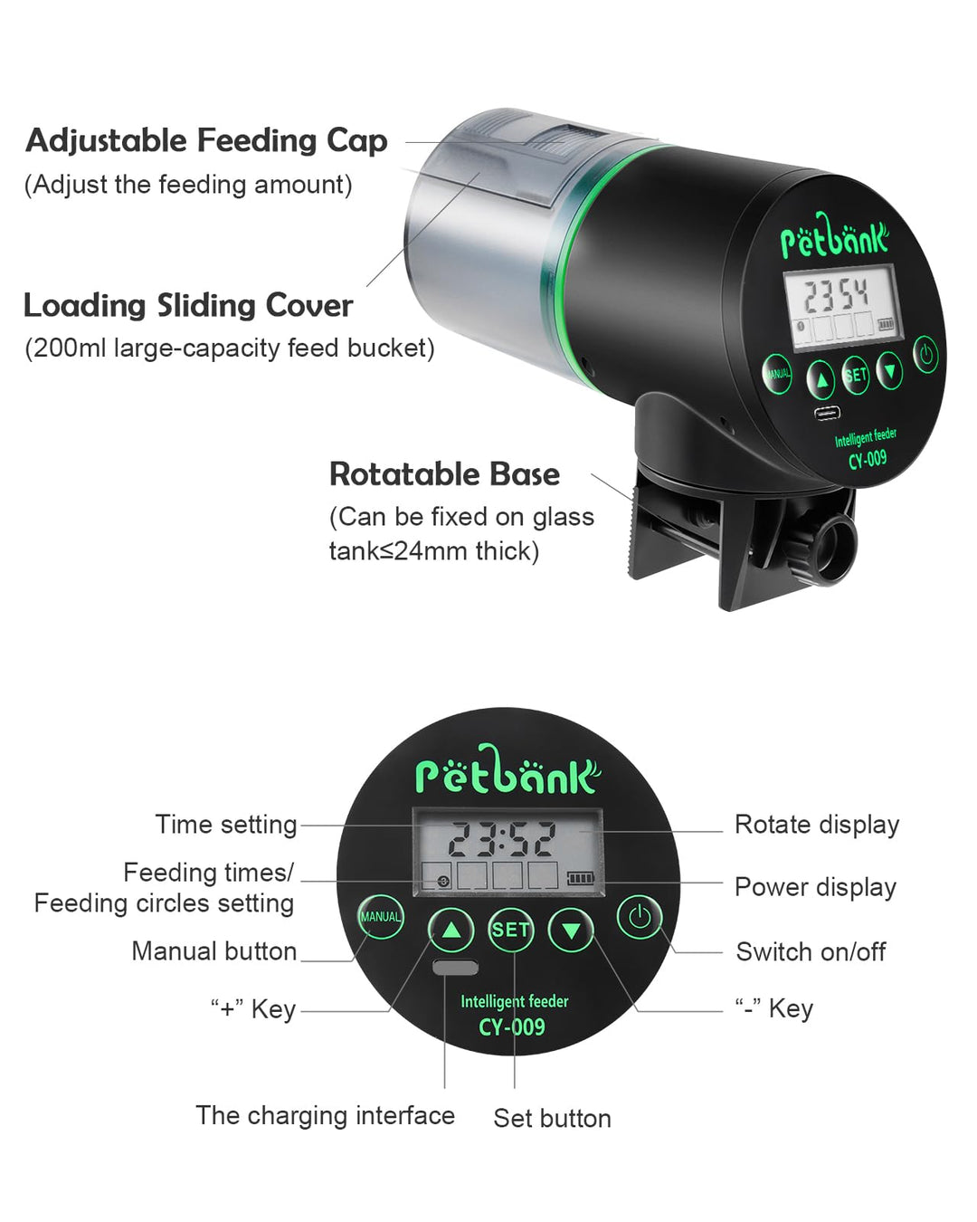 Petbank Automatic Fish Feeder for Aquarium Easy Setup &amp; 4 Timers Black