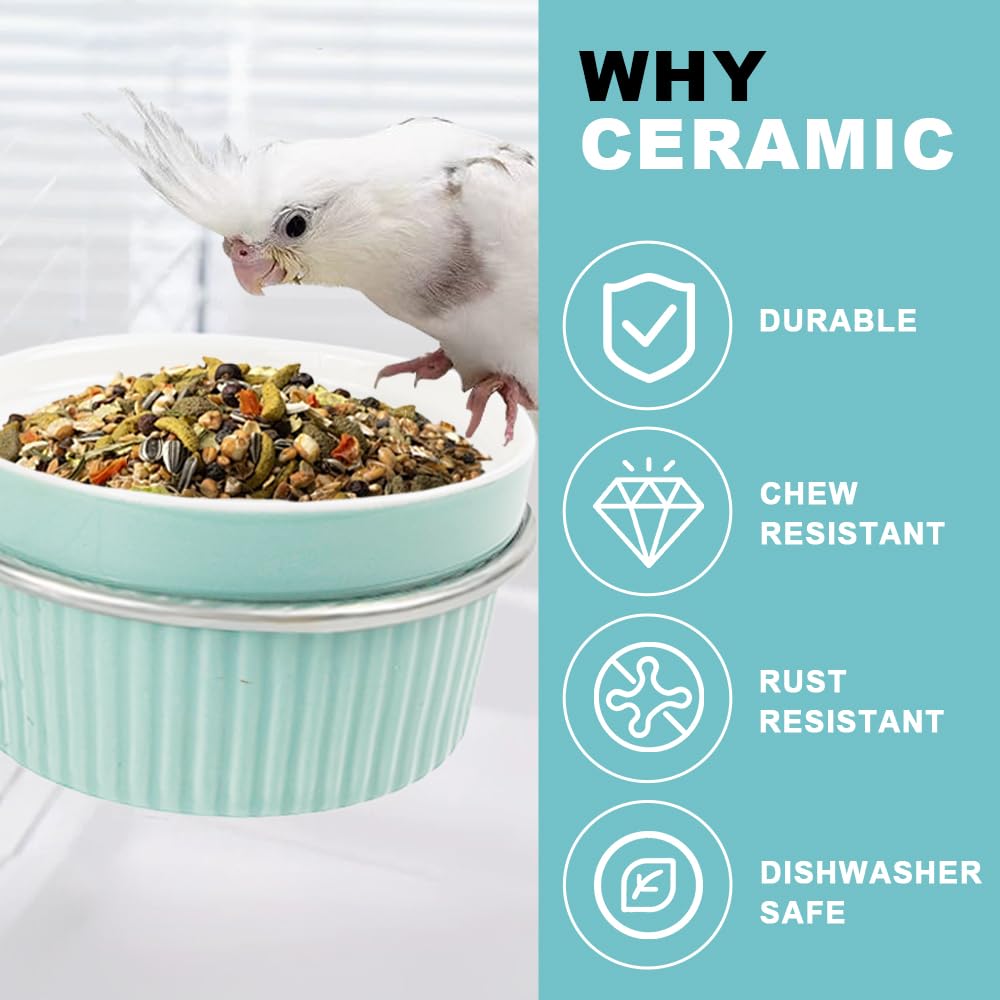 Bird Feeding Cups Parrot Food Cage Bowl Clamp Holder Coop Cup, Ceramic Bird Cage Water Bowl, Pet Feeder Cage for Parakeet African Greys Conure Cockatiels Lovebird Budgie (Blue)