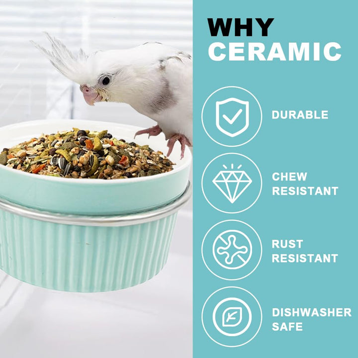 Bird Feeding Cups Parrot Food Cage Bowl Clamp Holder Coop Cup, Ceramic Bird Cage Water Bowl, Pet Feeder Cage for Parakeet African Greys Conure Cockatiels Lovebird Budgie (Blue)