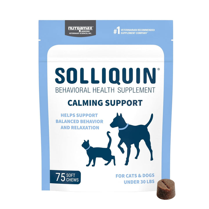 Nutramax Solliquin Calming Behavioral Health Supplement for Small to Medium Dogs and Cats - with L-Theanine, Magnolia/Phellodendron, and Whey Protein Concentrate, 75 Soft Chews