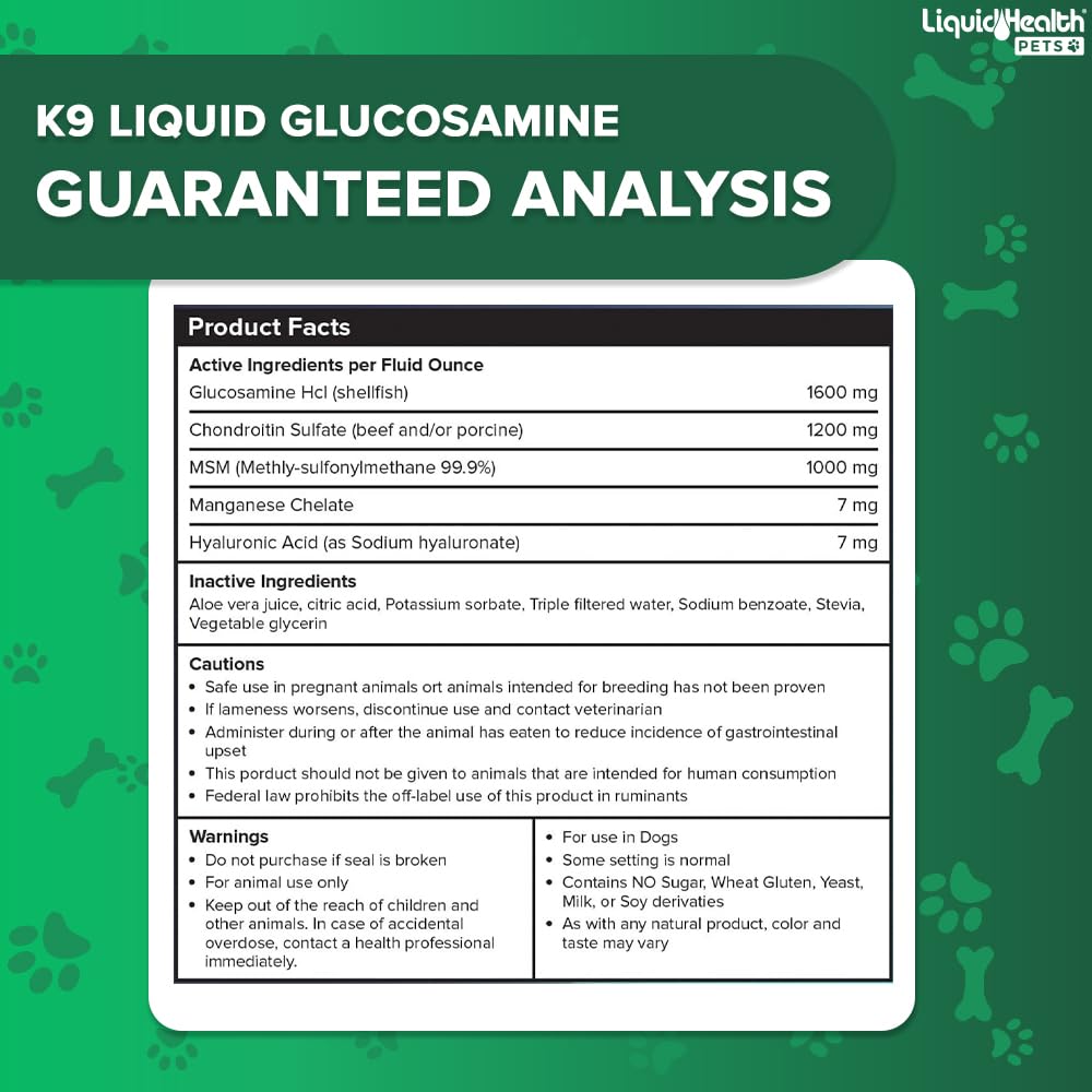 LIQUIDHEALTH Pets K9 Liquid Glucosamine for Dogs, Puppies, Senior Canines with Chondroitin, MSM, Hyaluronic Acid - Dog Vitamins for Hip &amp; Joint Health, Dog Joint Oil, Joint Juice - Made in USA (32 oz)