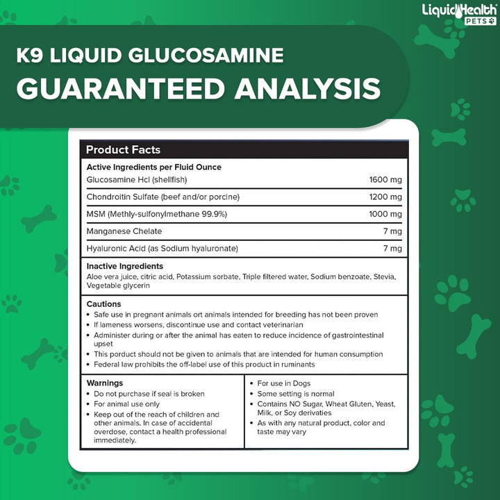 LIQUIDHEALTH Pets K9 Liquid Glucosamine for Dogs, Puppies, Senior Canines with Chondroitin, MSM, Hyaluronic Acid - Dog Vitamins for Hip &amp; Joint Health, Dog Joint Oil, Joint Juice - Made in USA (32 oz)