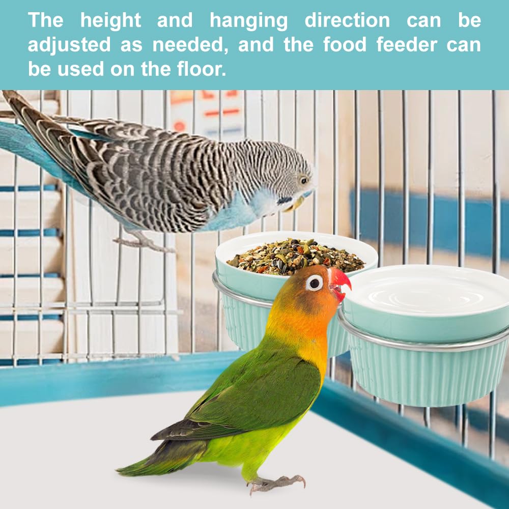 Bird Feeding Cups Parrot Food Cage Bowl Clamp Holder Coop Cup, Ceramic Bird Cage Water Bowl, Pet Feeder Cage for Parakeet African Greys Conure Cockatiels Lovebird Budgie (Blue)