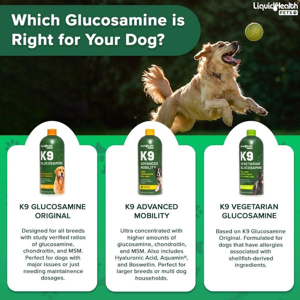 LIQUIDHEALTH Pets K9 Liquid Glucosamine for Dogs, Puppies, Senior Canines with Chondroitin, MSM, Hyaluronic Acid - Dog Vitamins for Hip &amp; Joint Health, Dog Joint Oil, Joint Juice - Made in USA (32 oz)