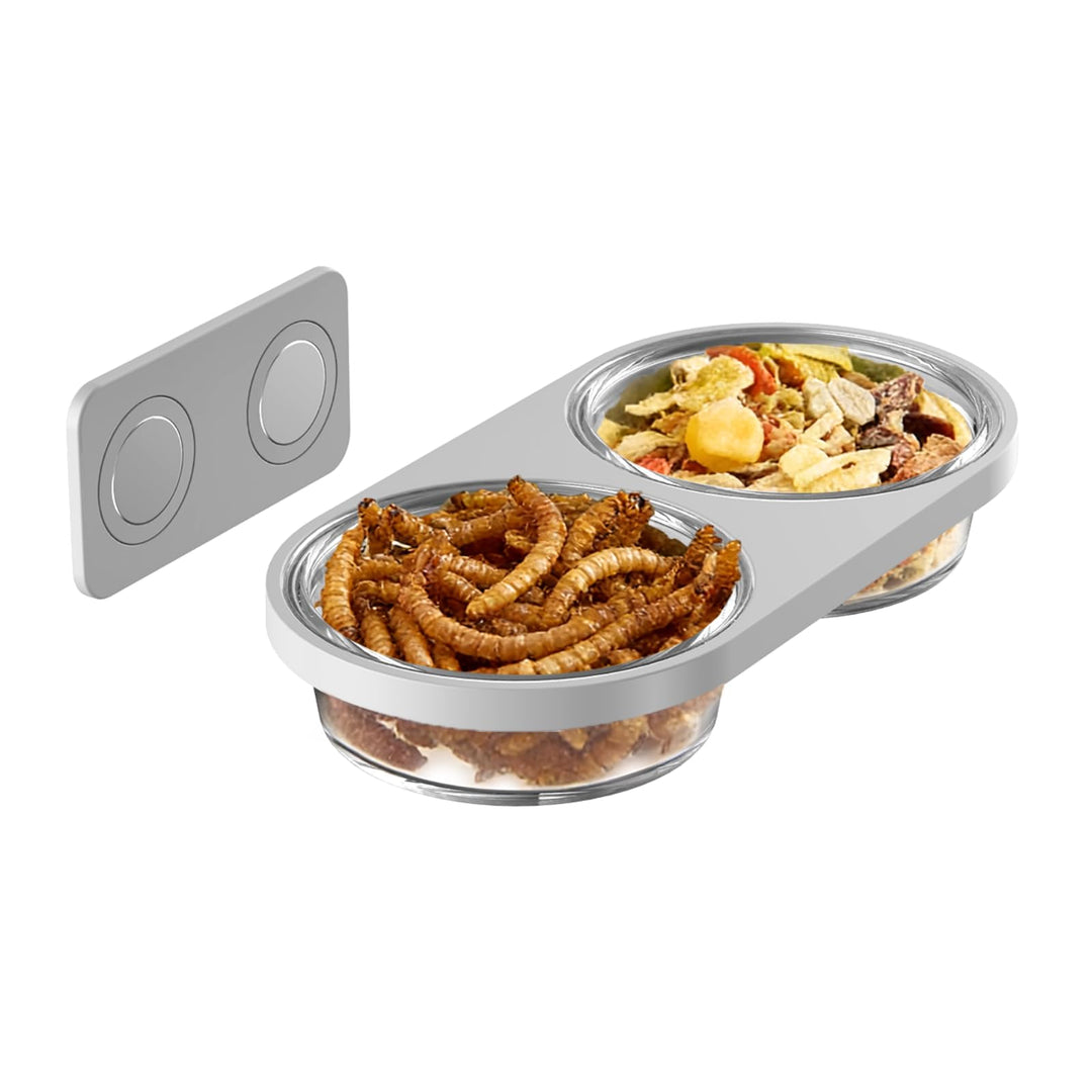 Magnetic Reptile Feeding Ledge with 2 Pack Plastic Bowls Food Feeder Water Dish for Crested Gecko Dwarf Hamster(Gray, Magnetic-Mounted)