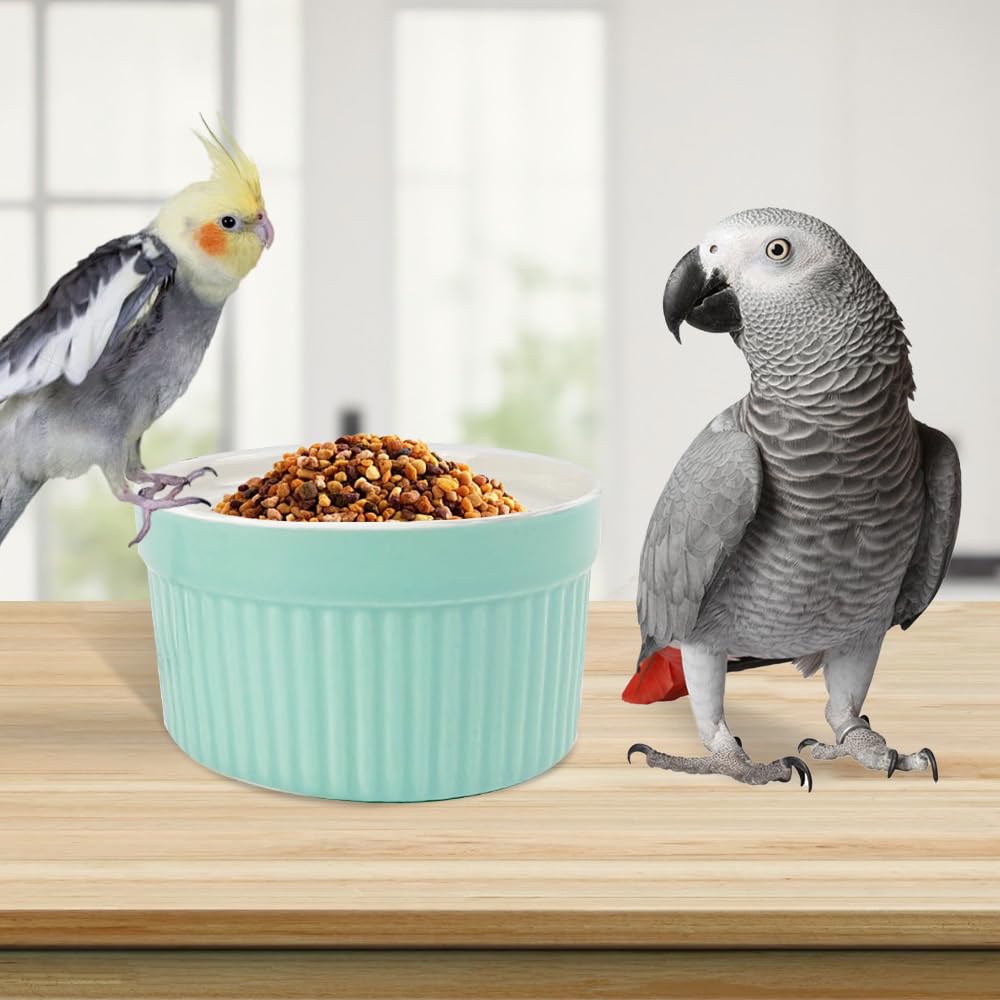 Bird Feeding Cups Parrot Food Cage Bowl Clamp Holder Coop Cup, Ceramic Bird Cage Water Bowl, Pet Feeder Cage for Parakeet African Greys Conure Cockatiels Lovebird Budgie (Blue)