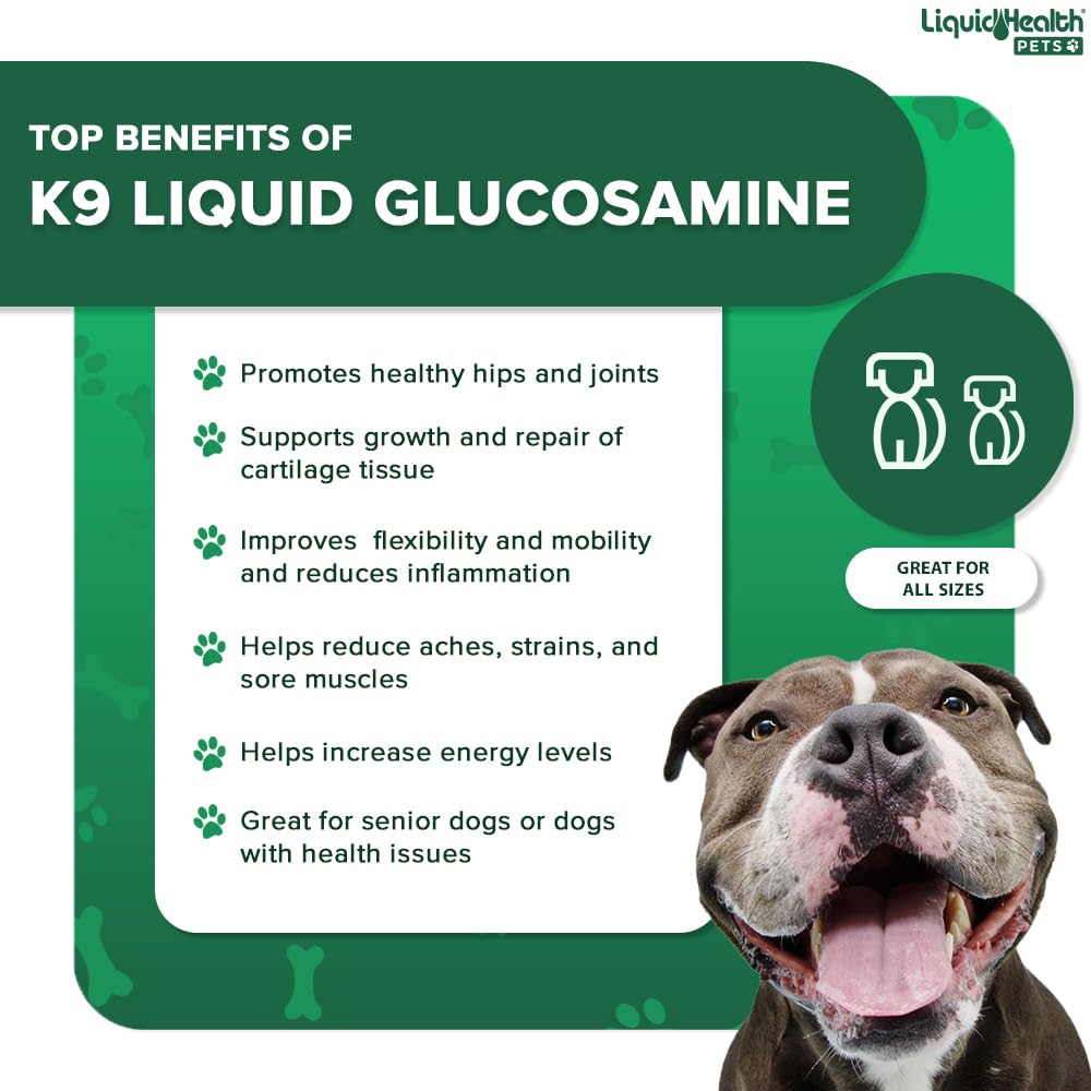 LIQUIDHEALTH Pets K9 Liquid Glucosamine for Dogs, Puppies, Senior Canines with Chondroitin, MSM, Hyaluronic Acid - Dog Vitamins for Hip &amp; Joint Health, Dog Joint Oil, Joint Juice - Made in USA (32 oz)