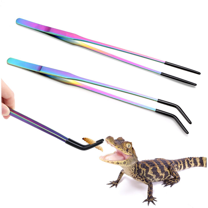 2PCS Stainless Steel Reptile Feeding Tongs with Rubber Tip, 10.6" Straight &amp; Curved Long Tweezers, Perfect for Aquariums &amp; Crafts - Ideal Bearded Dragon &amp; Snake Tank Accessories, Terrarium Supplies