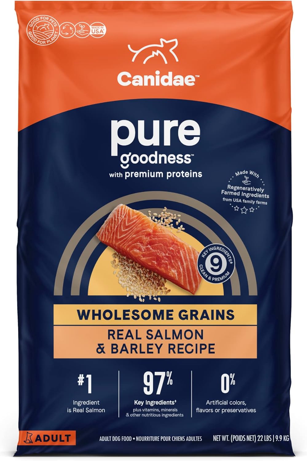 CANIDAE PURE Farm To Bowl  w/Wholesome Grains Dry Dog Food Salmon  Barley, 1ea/22 lb