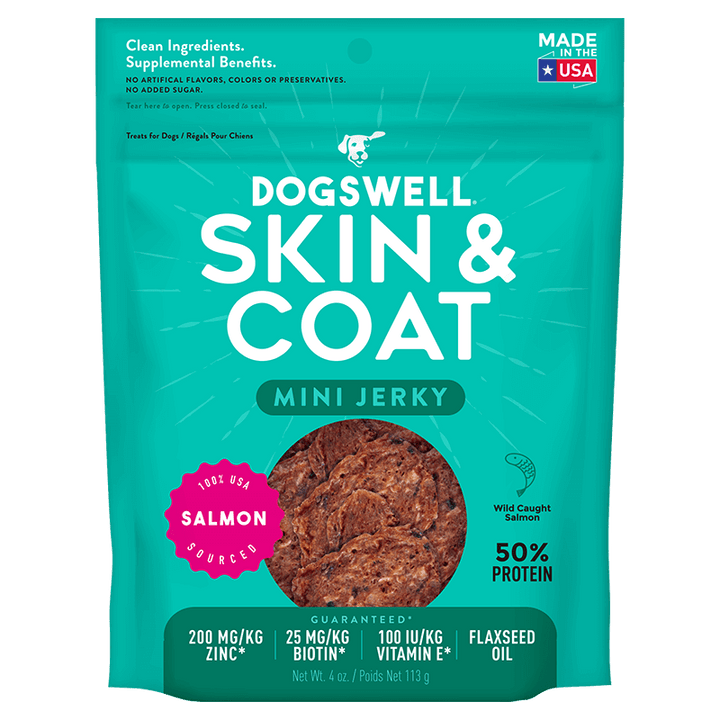 Dogswell Jerky Skin and Coat Mini Grain-Free Salmon 4oz.