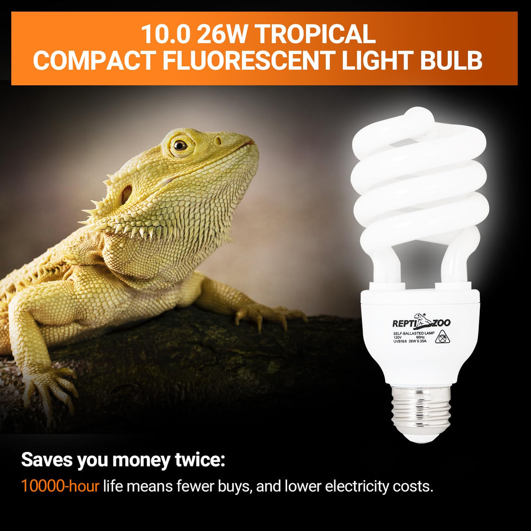 REPTI ZOO UVB Light for Desert Reptile 2 Pack, 10.0 26W UVA UVB Reptile Light Bulb, UVB Spiral Compact Lamp for Bearded Dragons Tortoises Lizards Snakes