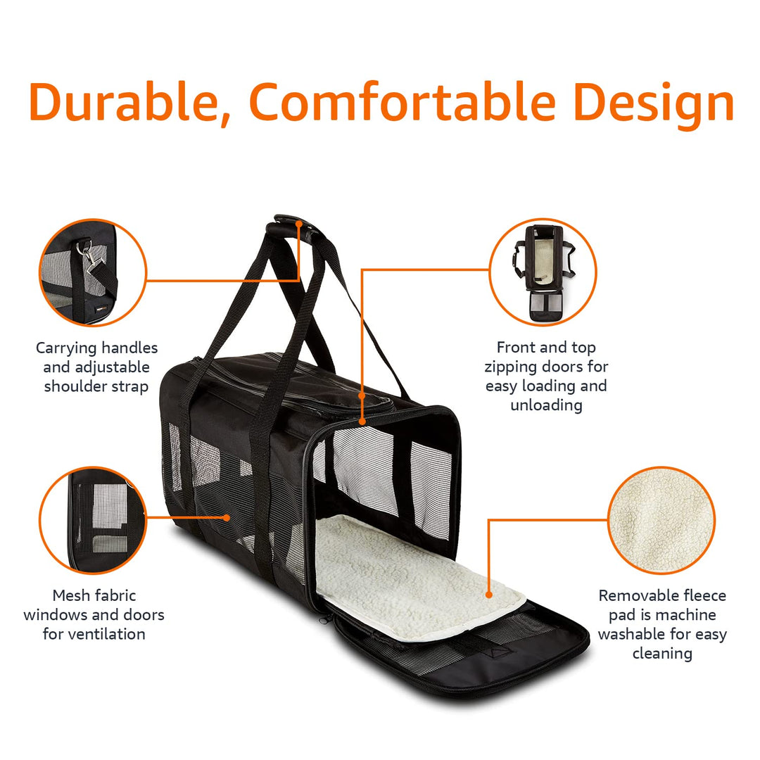 Amazon Basics Airline Approved Soft-Sided Mesh Pet Travel Carrier with Shoulder Strap, Portable, Washable Removable Fleece Pad for Dog, Cat, up to 16 pounds, 16.5" L x 10.6" W x 11" H, Black