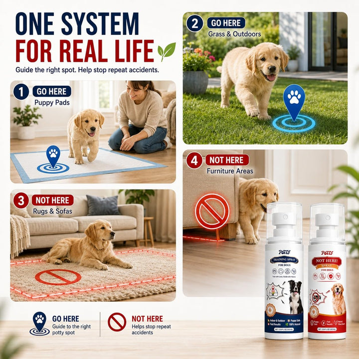 Potty Training Spray for Dogs, Premium Go Here Puppy Training Aid for Housebreaking, Indoor &amp; Outdoor Dog Pee Attractant Spray for Pads, Grass and Trays, 6.8 Fl Oz, (Blue+Orange)