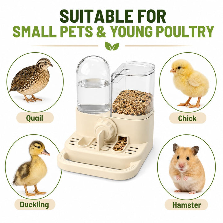 2-in-1 Quail Feeder and Waterer for Cage, Gravity Auto Bird Water Feeder No-Waste Bird Feeder, No-Spill Quail Waterer, Hanging or Standing, Dry/Wet Separation, for Chick/Duck/Hamster