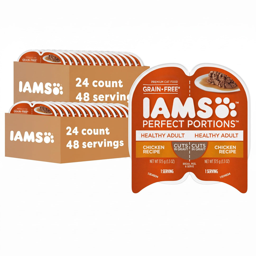 IAMS Perfect Portions Grain Free Wet Cat Food, Healthy Adult Cat Food Wet, Chicken Recipe Cuts in Gravy, (24) 2.6 oz. Twin-Pack Trays (Pack of 2)