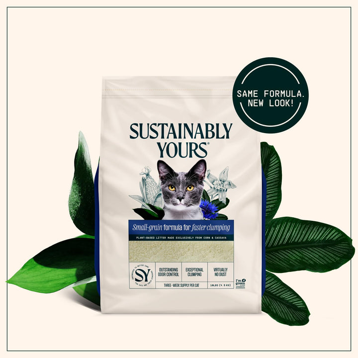Sustainably Yours Natural Cat Litter, Small-Grain Formula, Exceptional Clumping &amp; Odor Control, Virtually No Dust, Soft on Paws, Corn &amp; Cassava Plant-Based, Unscented, 10 lbs