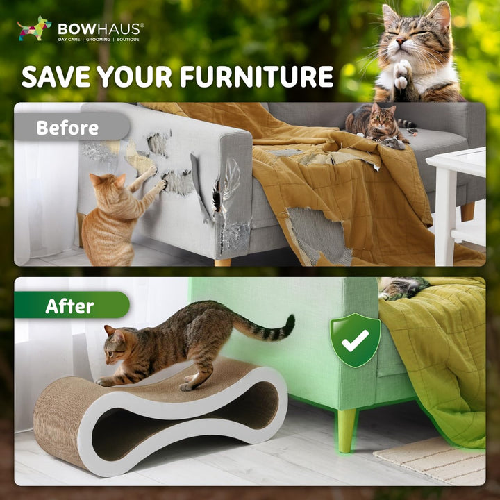 BOWHAUS Infinity Cat Scratcher Lounger, Reversible Scratcher, Durable &amp; Long-Lasting, Cat Cardboard Scratcher, Large Cat Scratching Pad, Scratching Board, Infinity Scratch Pad for Indoor Cats, White