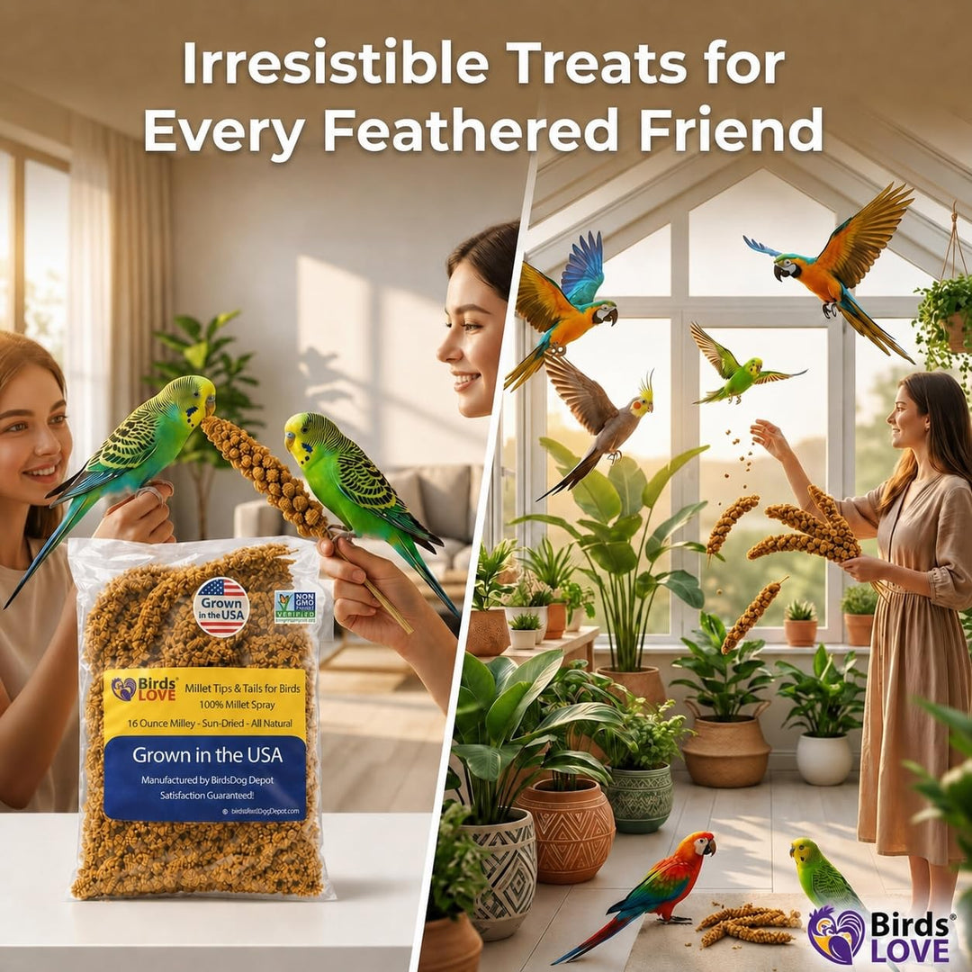 Birds LOVE® Millet Tips &amp; Tails for Birds – Premium Spray Millet Treat, Non-GMO, USA Grown – Natural Bird Food for Parakeets, Cockatiels, Budgies, Lovebirds, Finches, Canaries &amp; Parrots – 1 lb
