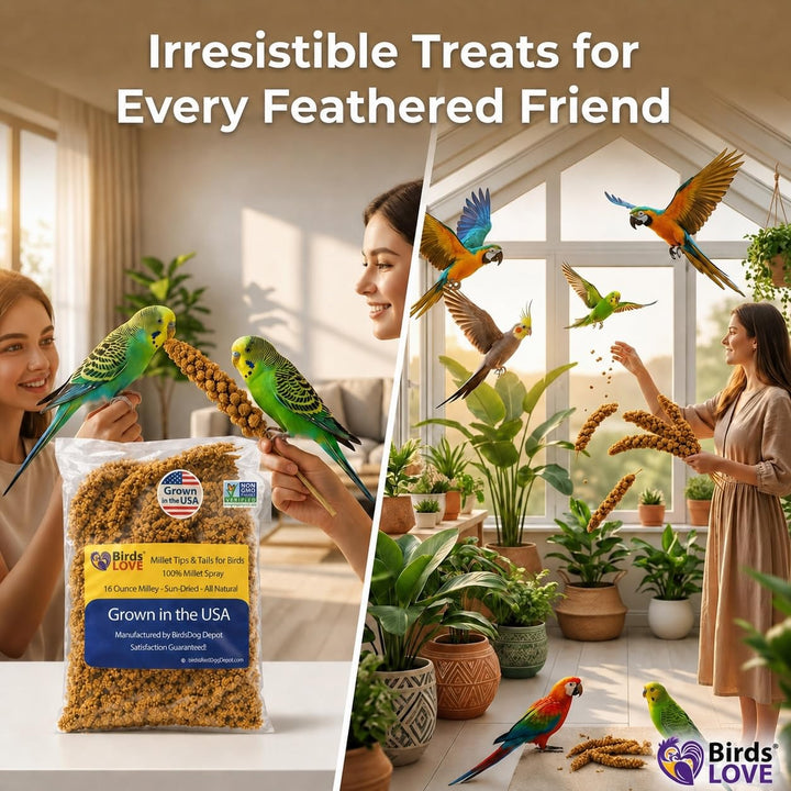 Birds LOVE® Millet Tips &amp; Tails for Birds – Premium Spray Millet Treat, Non-GMO, USA Grown – Natural Bird Food for Parakeets, Cockatiels, Budgies, Lovebirds, Finches, Canaries &amp; Parrots – 1 lb