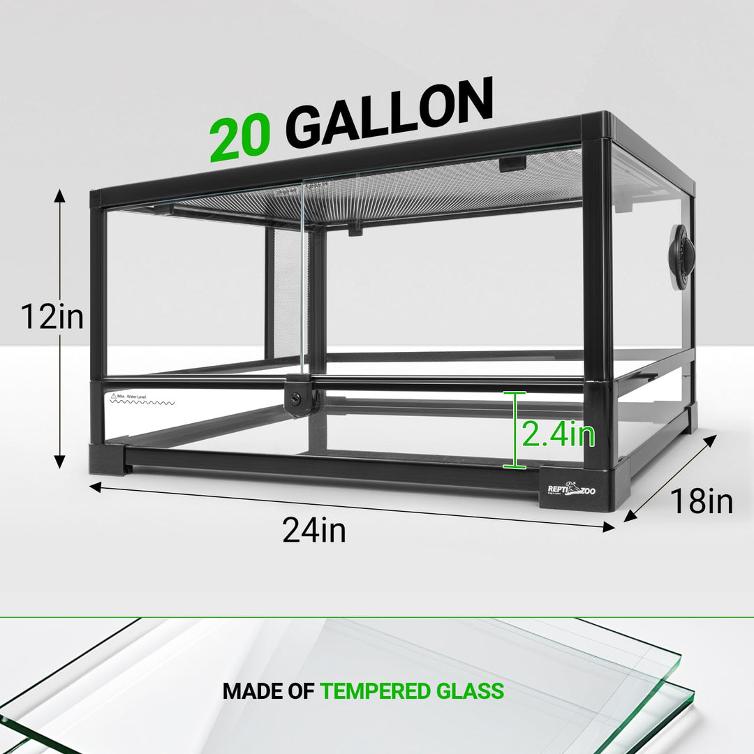REPTI ZOO Full Glass 20 Gallon Reptile Tank, Front Opening Reptile Terrarium 24" x 18"x 12", Double Hinged Opening Doors &amp; Top Screen Ventilation Escape Proof Lid