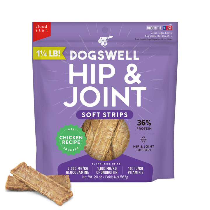 DOGSWELL Hip &amp; Joint Soft Strips Dog Treats, Chicken, 20 oz Bag