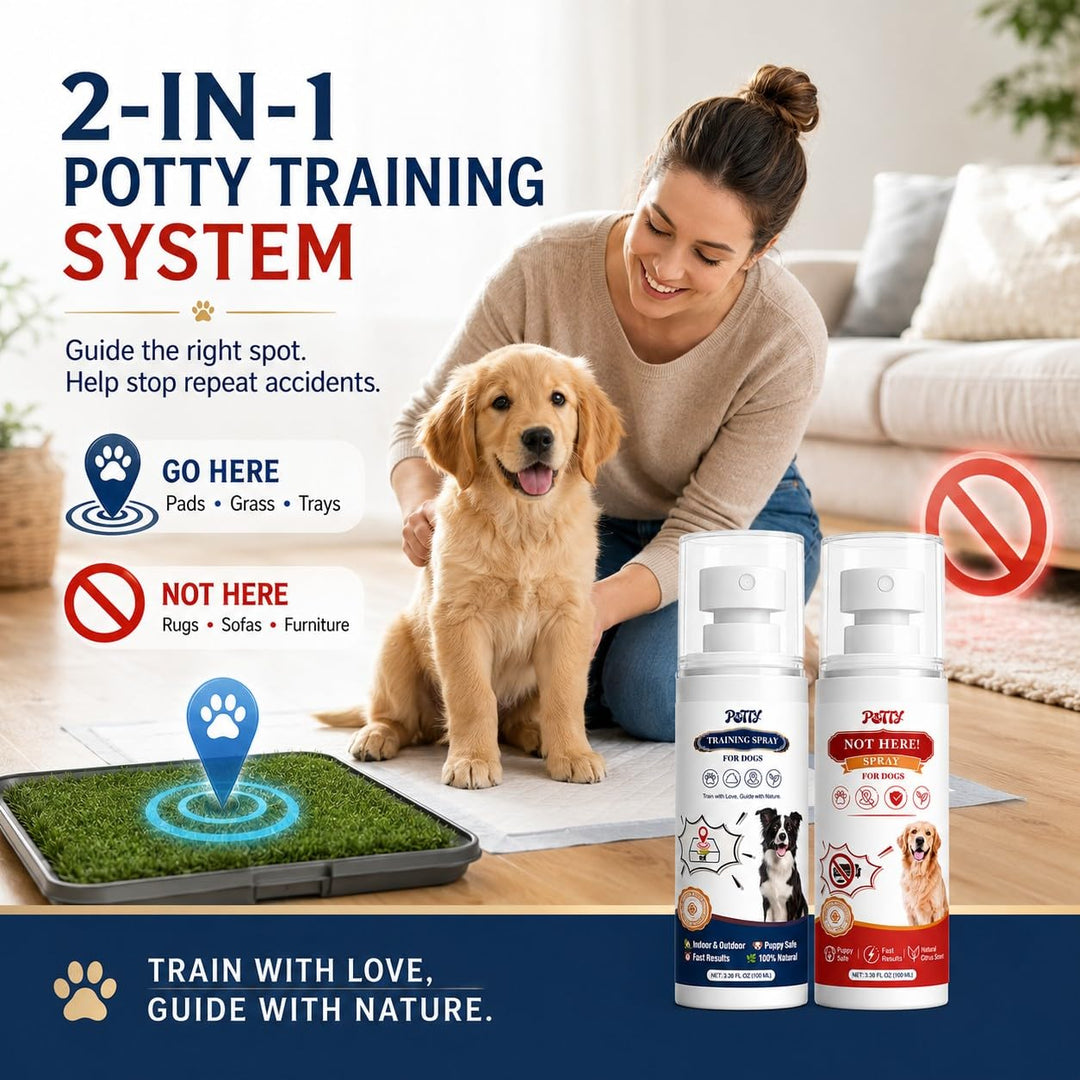 Potty Training Spray for Dogs, Premium Go Here Puppy Training Aid for Housebreaking, Indoor &amp; Outdoor Dog Pee Attractant Spray for Pads, Grass and Trays, 6.8 Fl Oz, (Blue+Orange)