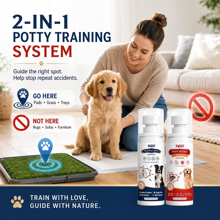 Potty Training Spray for Dogs, Premium Go Here Puppy Training Aid for Housebreaking, Indoor &amp; Outdoor Dog Pee Attractant Spray for Pads, Grass and Trays, 6.8 Fl Oz, (Blue+Orange)