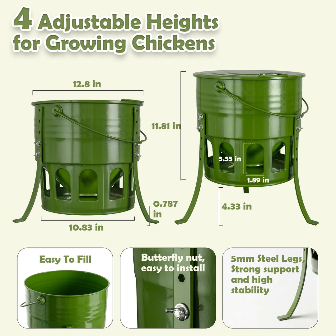 Metal Chicken Feeder No Waste - 20LB Large Chicken Feeder with 12 Ports &amp; 4 Adjustable Heights Tripod Stand, Automatic Hanging Poultry Feeder, Rainproof for Backyard Chickens &amp; Small Flocks
