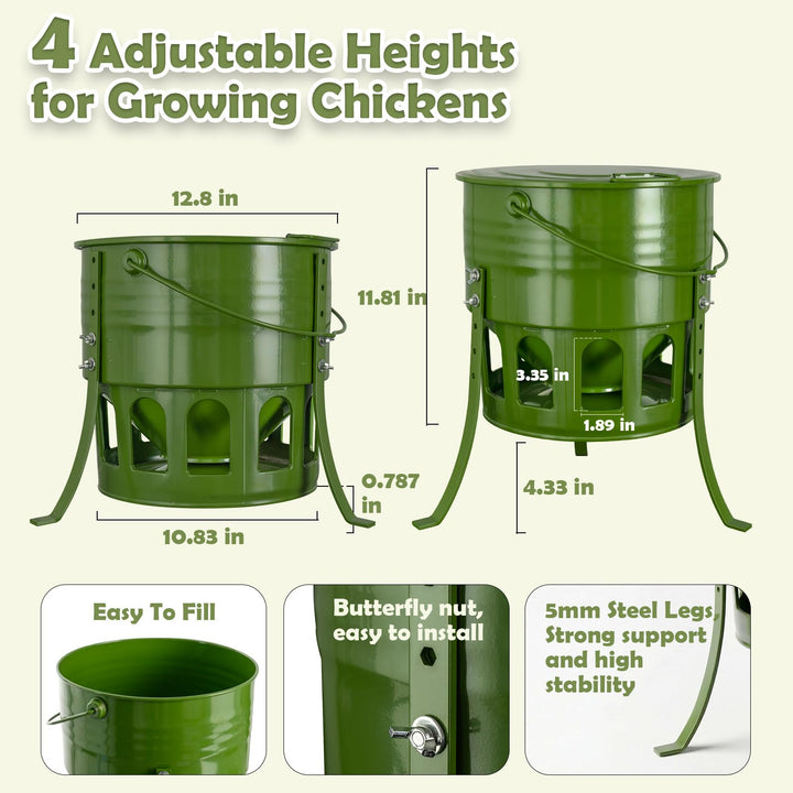 Metal Chicken Feeder No Waste - 20LB Large Chicken Feeder with 12 Ports &amp; 4 Adjustable Heights Tripod Stand, Automatic Hanging Poultry Feeder, Rainproof for Backyard Chickens &amp; Small Flocks