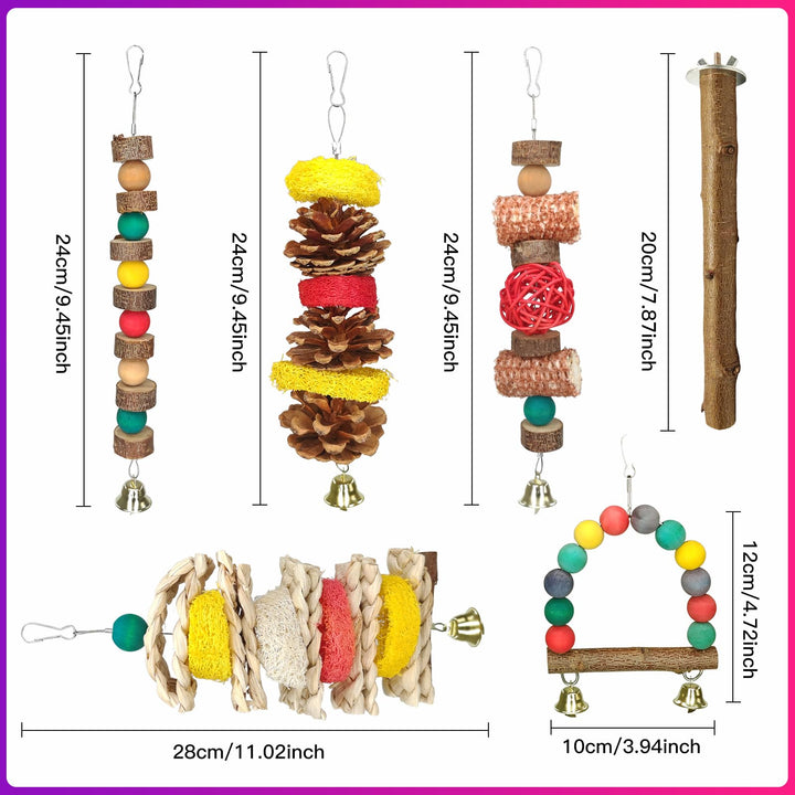 JOREWOOD 7 Pcs Natural Wood Bird Toy &amp; Perch for Parakeets, Cockatiel &amp; Lovebird, Budgie Play Accessory for Small Parrots Indoor Cage