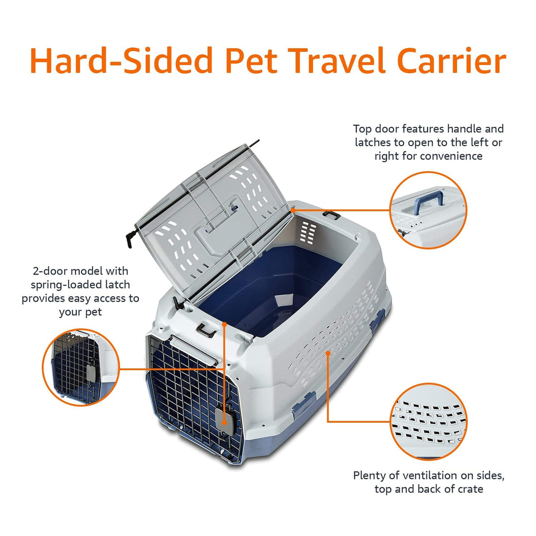 Amazon Basics Sturdy Portable 2-Door Top-Load Hard-Sided Pet Travel Carrier with Secure Ventilation, Handle, Front &amp; Top Entry for Dogs, Cats, 22.8"L x 15"W x 13"H, Gray &amp; Blue